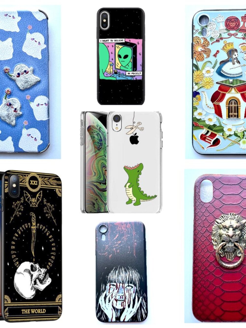 Lot of 7 iPhone XR Phone Cases Hard Rubber Alien Ghosts Dino Goth Lion Horror